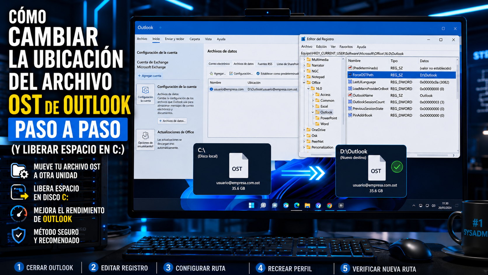 📦 Cómo cambiar la ubicación del archivo OST de Outlook paso a paso (y liberar espacio en C:)